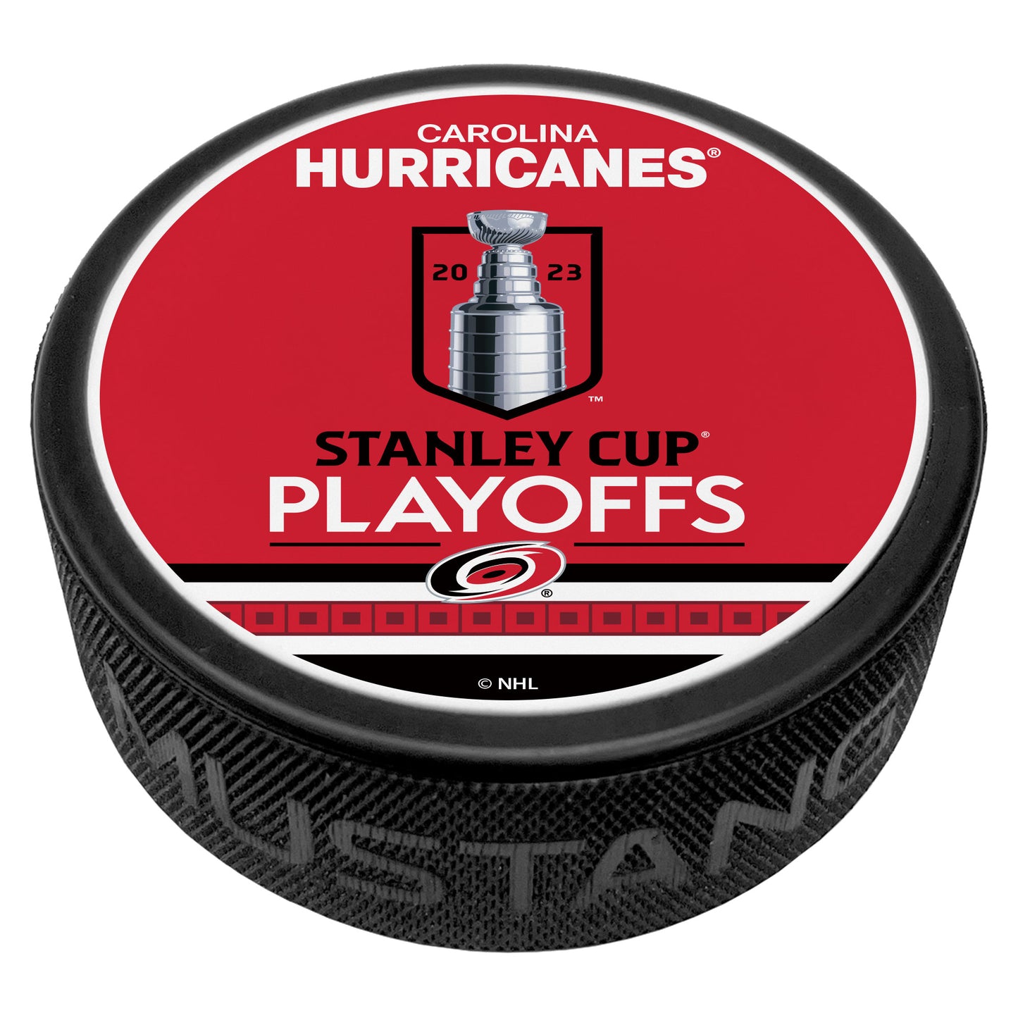 puck with the 2023 Stanley Cup Playoffs logo in the center with the Hurricanes primary logo and signature flag striping on a red top face.