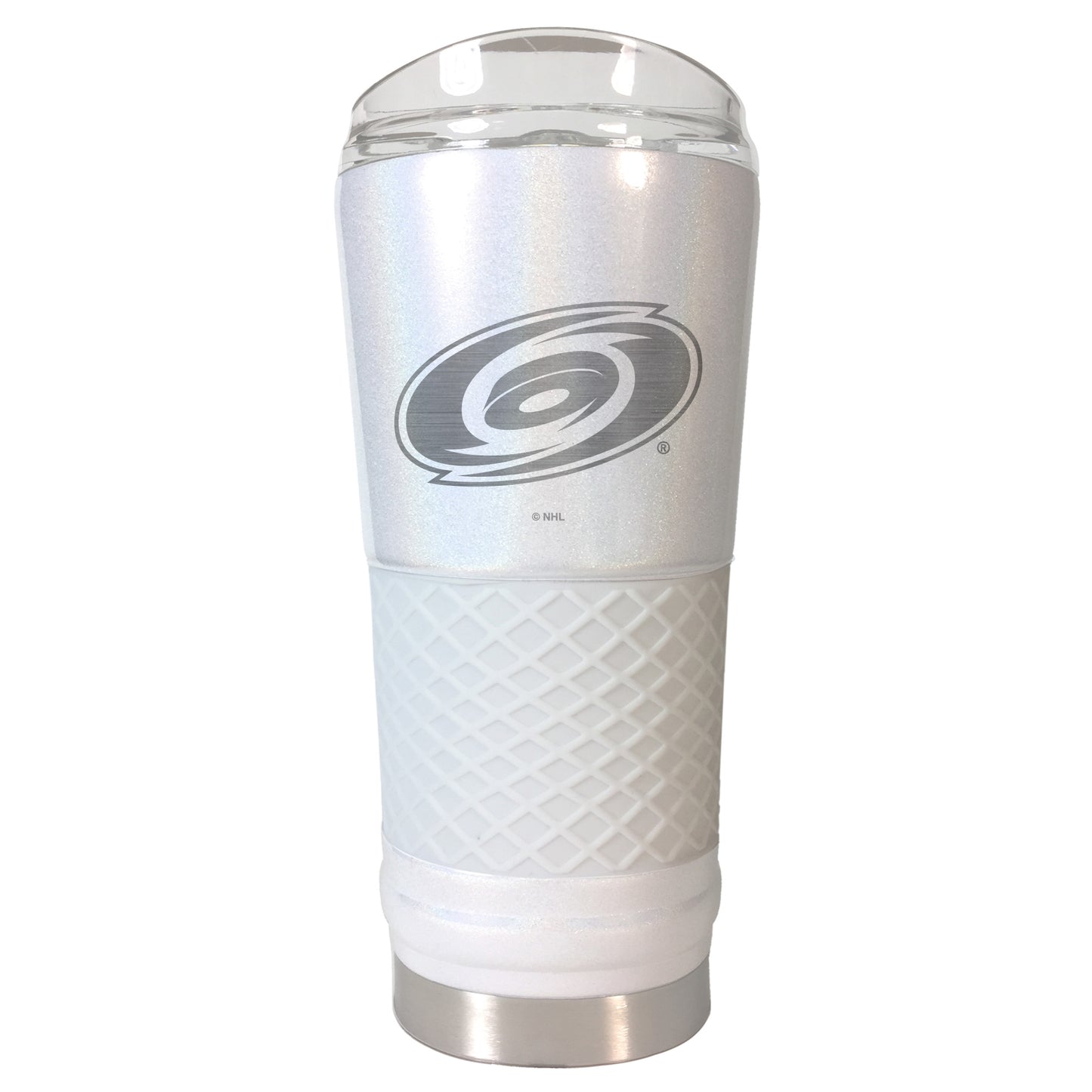 White tumbler with Hurricanes logo etched in gray.