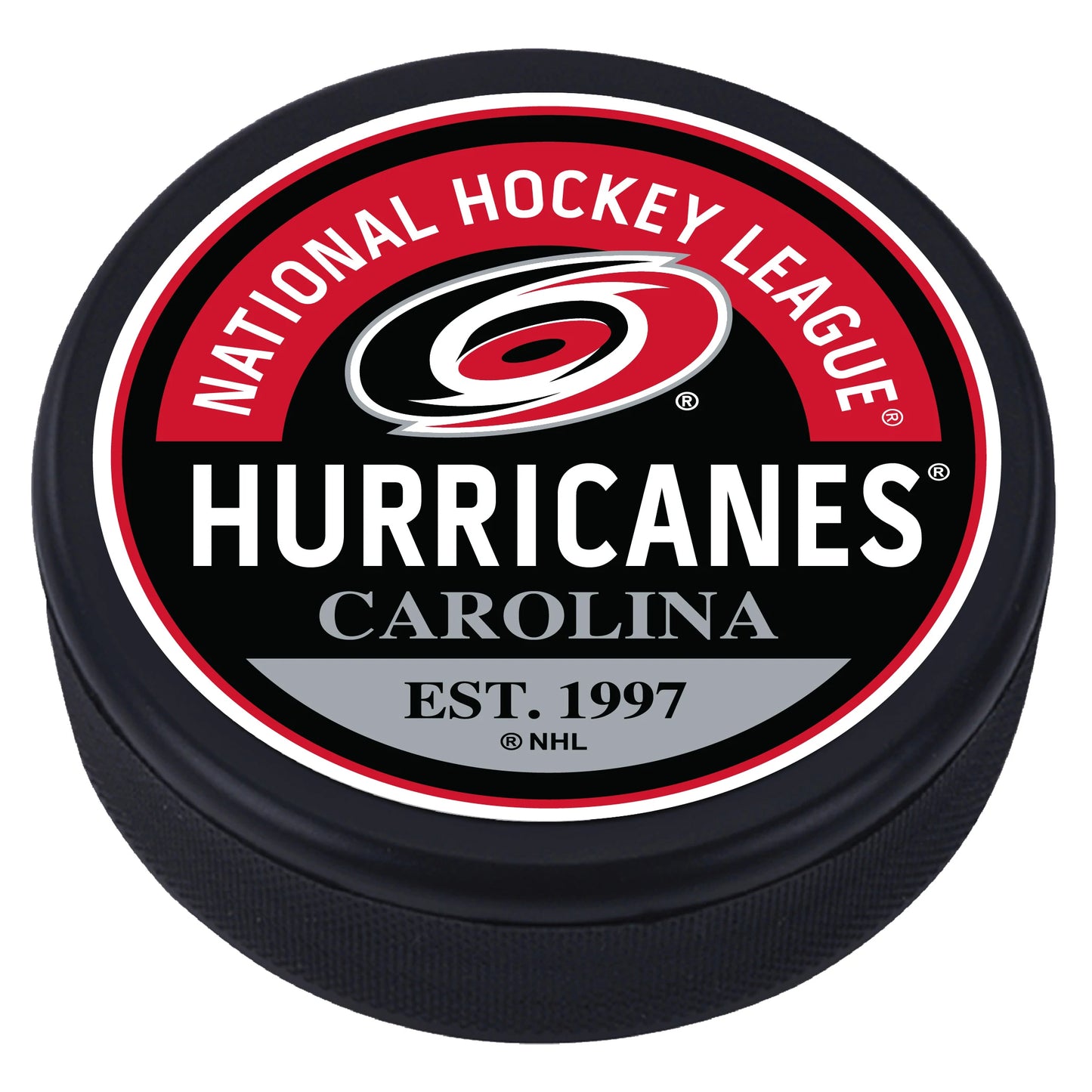Hockey puck in Mustang's 'Block' style featuring "National Hockey League", the Hurricanes primary logo, "Hurricanes Carolina" , and "Est. 1997" on the top face.