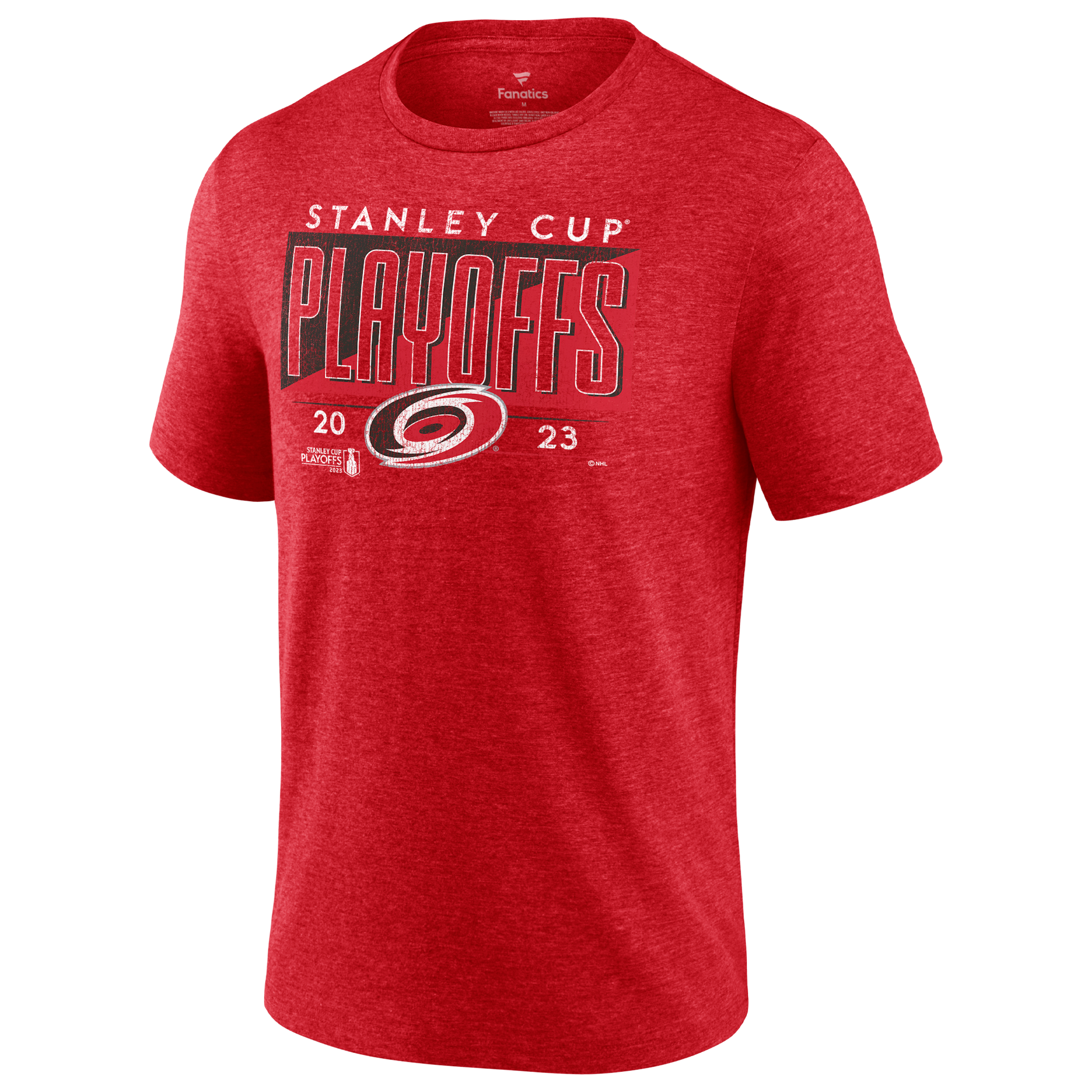 Red tee that reads "Stanley Cup Playoffs 2023" with Hurricanes primary logo
