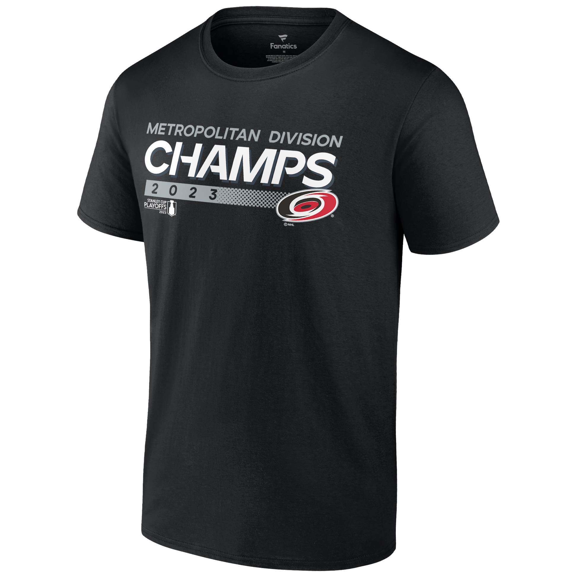 Black tee that reads Metropolitan Division Champs 2023 with Hurricanes logo