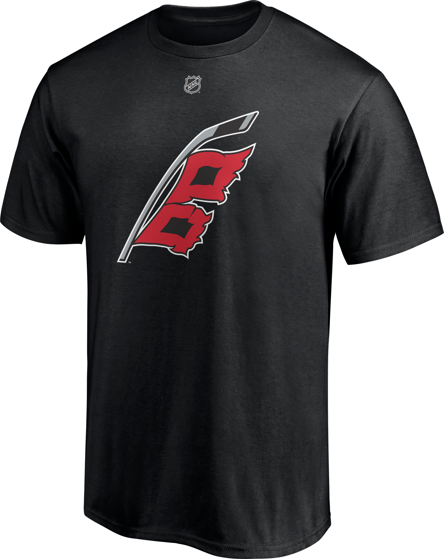Front View: Black tee with Hurricanes flag logo and NHL Shield