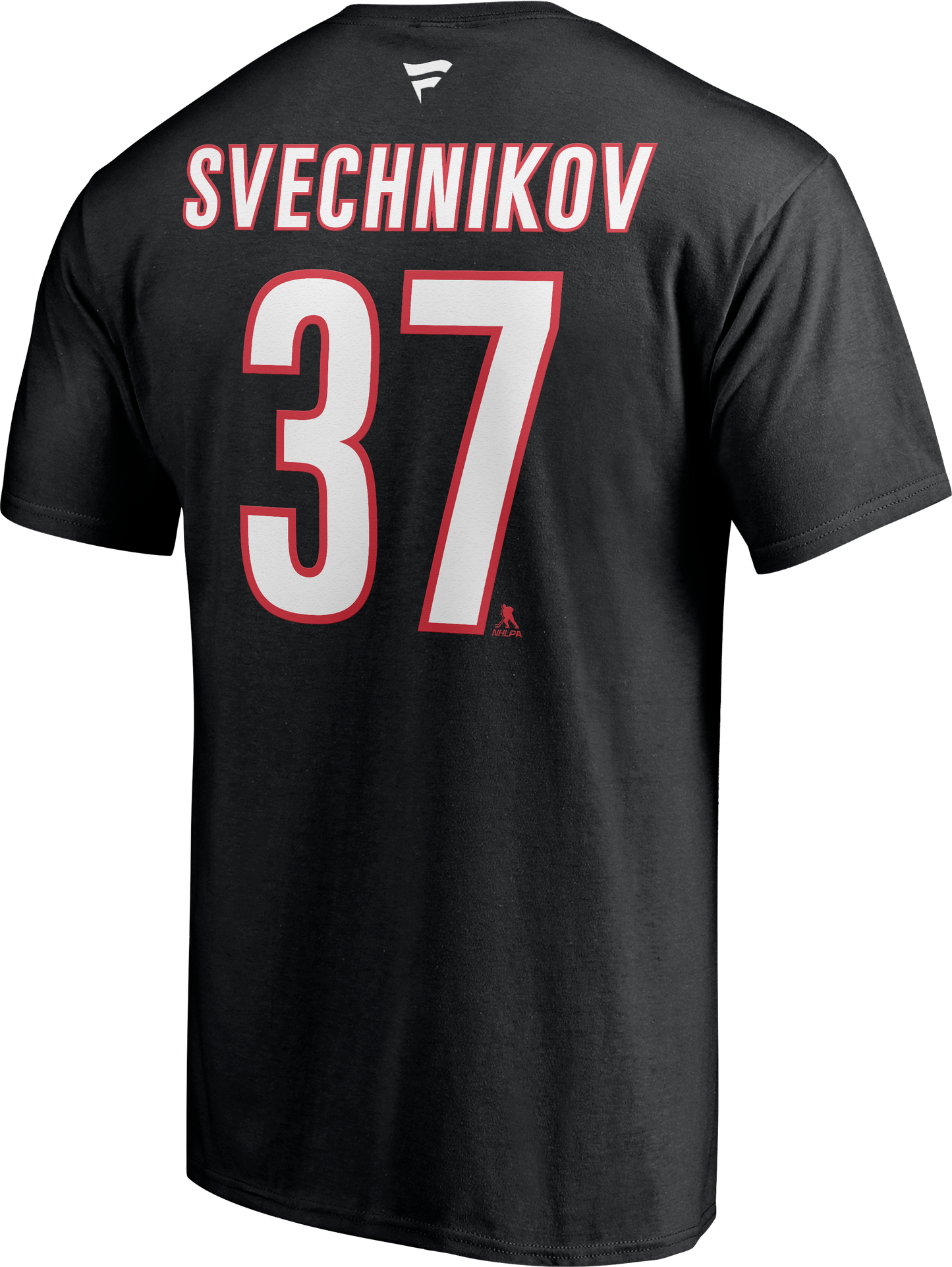 Back View: Black tee with Svechnikov #37 in white and red with fanatics logo