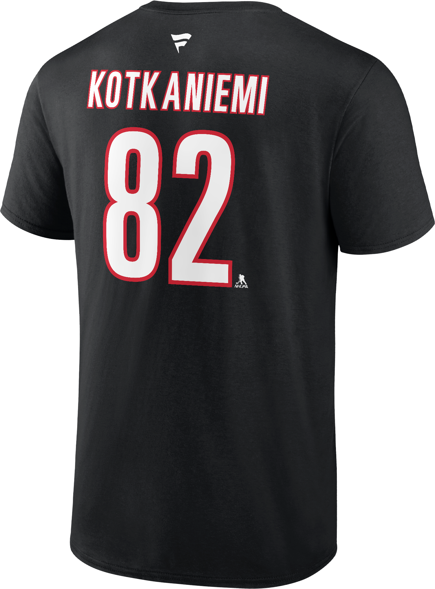 Back: Black tee with Kotkaniemi #82 in white and red on back with Fanatics logo at neck