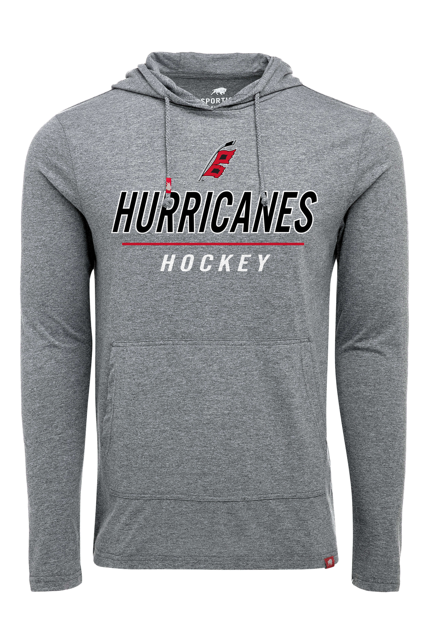 Grey hoodie with Hurricanes Hockey and the Hurricanes flag logo on the front.