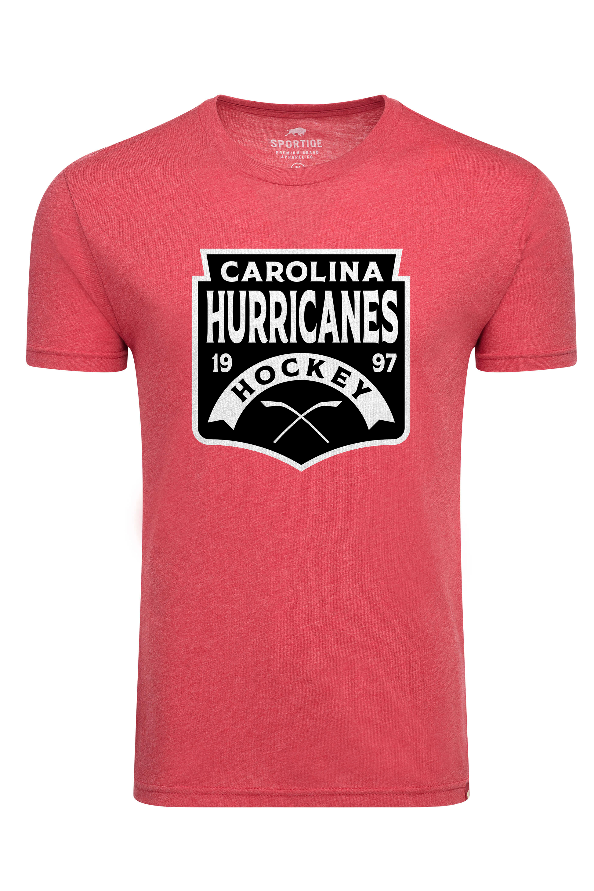Light red tee with black and white crest that says Carolina Hurricanes Hockey 1997