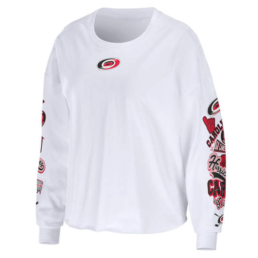 Front View: White longsleeve tee with hurricanes logo on front and artwork down sleeve