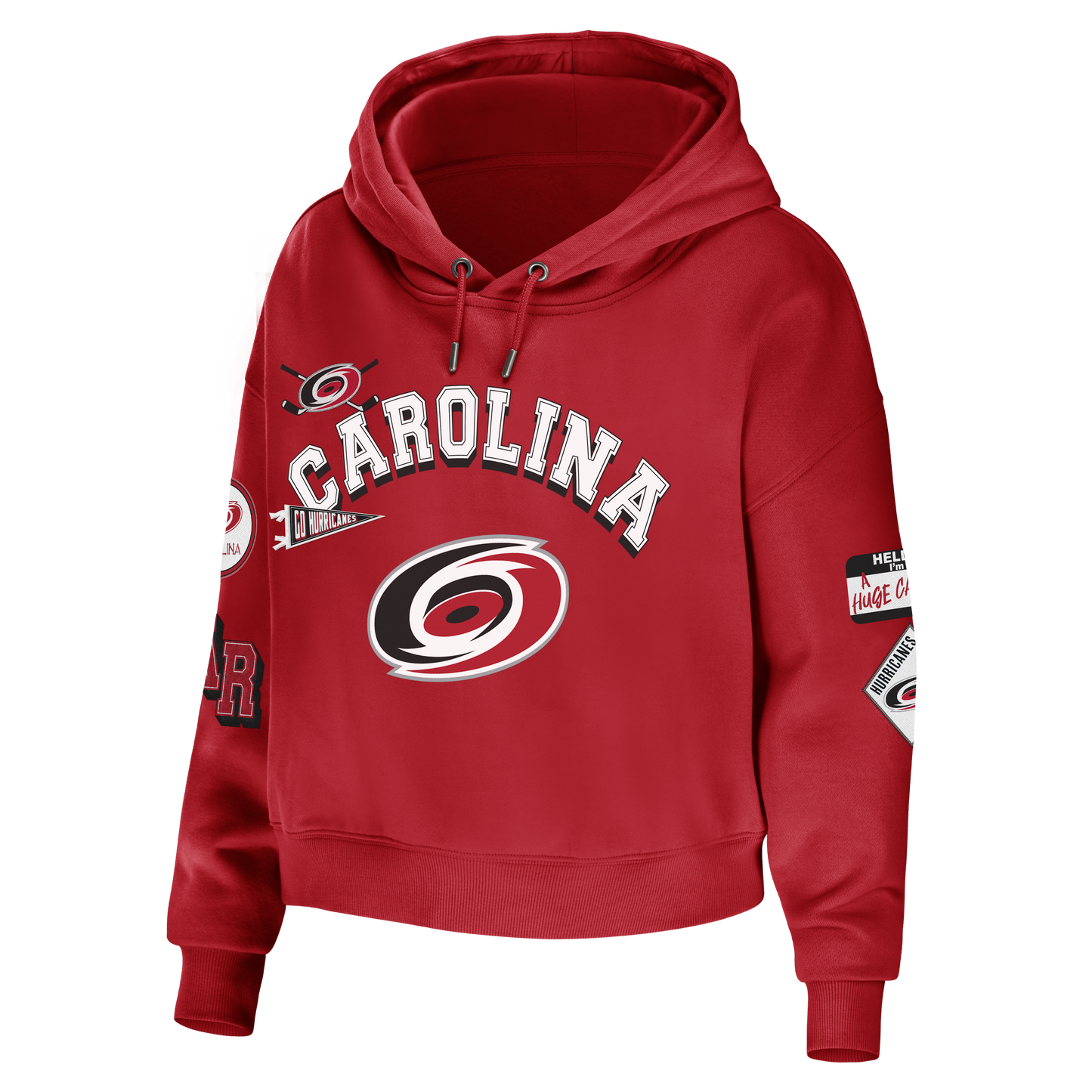 Front View: Red hoodie "Carolina" across chest with hurricanes logo and patches along sleeves