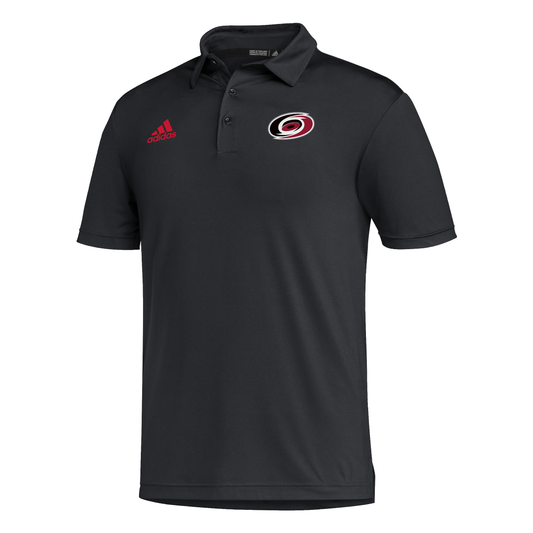 Front View: Black polo with Hurricanes primary logo and Red Adidas logo.