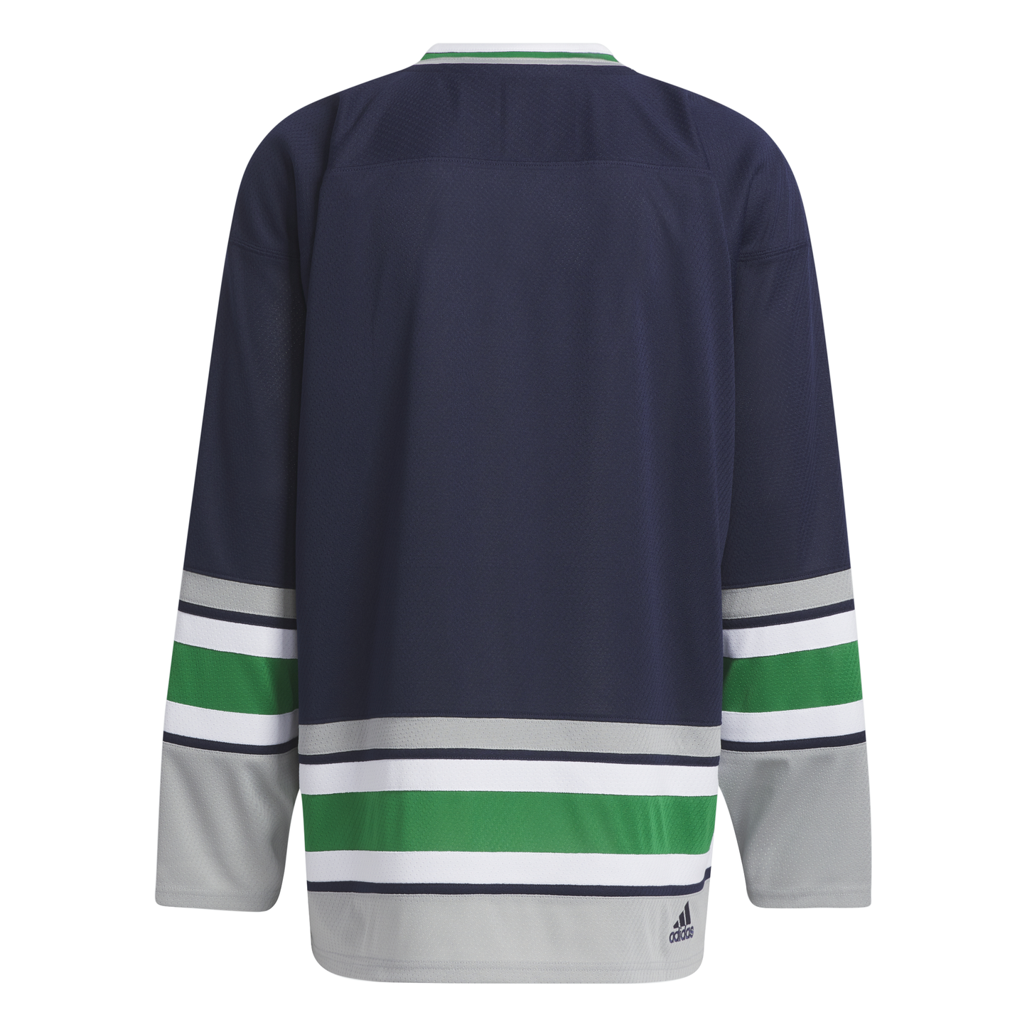 Back View: Navy blue jersey with grey white and green striping.