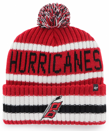 Front: Red white and black cuffed knit with pom, Flag logo on cuff, Hurricanes written on beanie