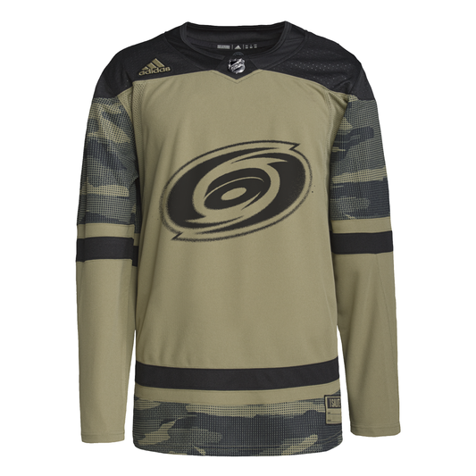 Front View: Camo green jersey with Hurricanes logo in black and camouflage accents.