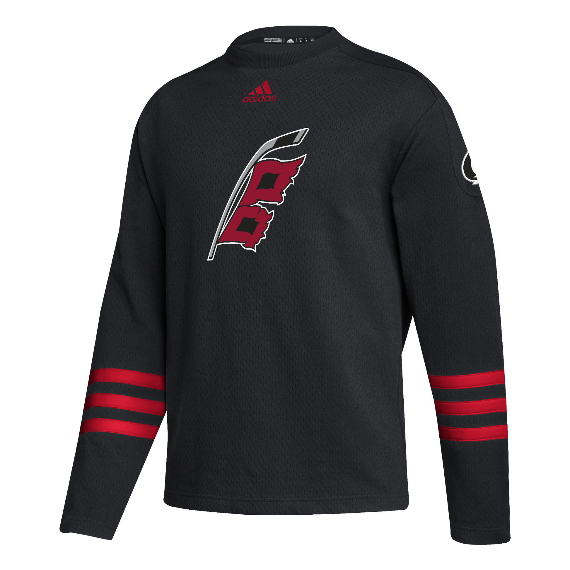 Front View: Sweater with Hurricanes flag logo on chest and red stripes on sleeves.